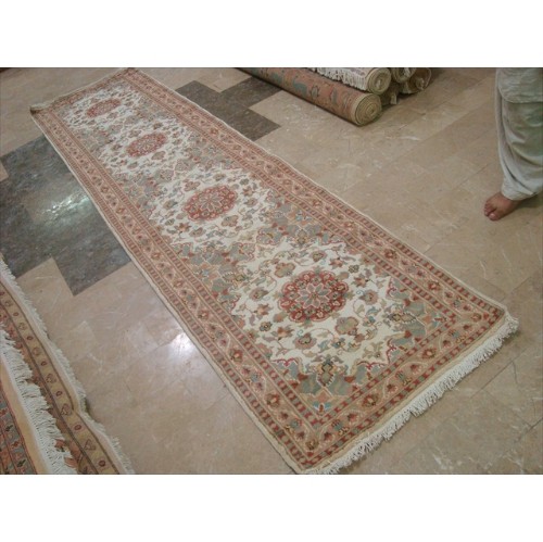 Ahmedani Gorgeous Ivory Floral Medallion Wool Silk Hand Knotted Soft Hall Way Rug 10.1' x 2.6' Hallway Runner - Multi-Colour