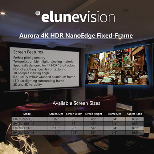 Écran de projection fixe 92-16:9 à cadre fixe Aurora 4K HDR 1.3 po d’EluneVision