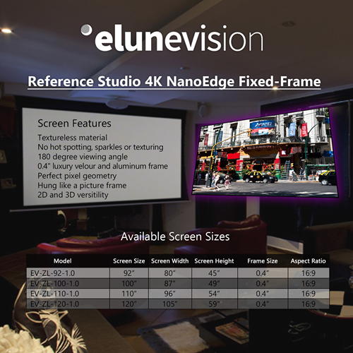 Elunevision Reference Studio 4K 100” NanoEdge Fixed-Frame 1.0-16:9 Projector Screen