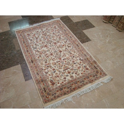 Ahmedani Awesome Ivory Flowers Allover Wool Silk Hand Knotted Carpet 5.1' x 3.0' Area Rug - Multi-Colour
