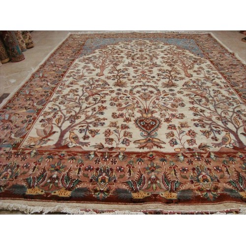 Ahmedani Excellent Tree of Life Peace Birds Wool Silk Hand Knotted Carpet 10.4' x 7.2' Area Rug - Multi-Colour