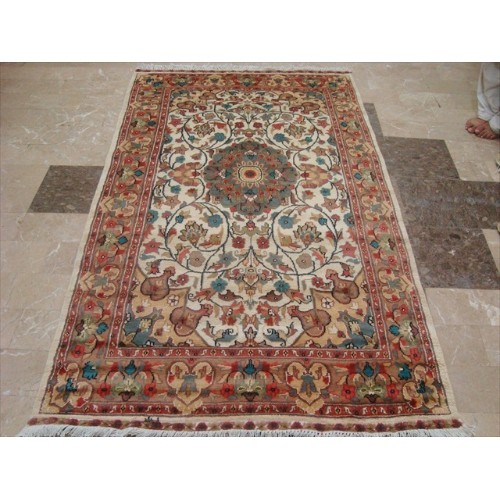 AHMEDANI  Exclusive Medallion Designed Hand Knotted Wool Silk Carpet 6.9' X 4.1' Area Rug - Multi-Colour In Ivory
