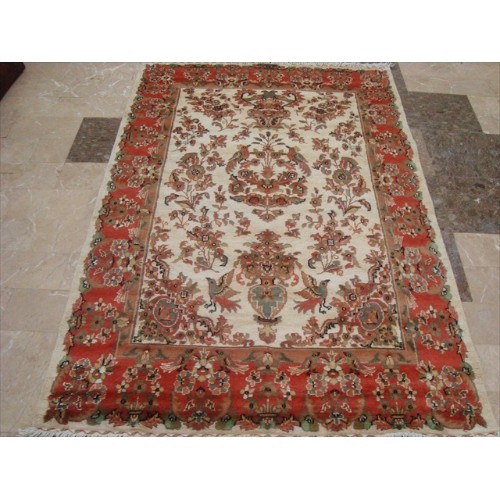 Ahmedani Love Birds Baagh Garden Peace Live Animals Hand Knotted Wool Silk Carpet 6.2' x 4.3' Area Rug - Multi-Colour