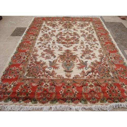 Ahmedani Love Birds Baagh Garden Peace Live Animals Hand Knotted Wool Silk Carpet 6.2' x 4.3' Area Rug - Multi-Colour