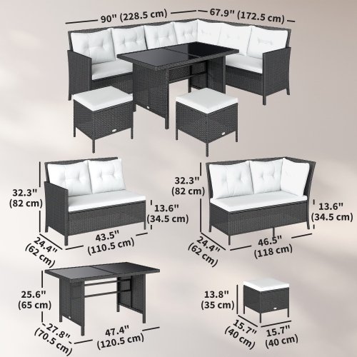 Ensemble de patio de 6 pièces en osier de patio/ensemble de meubles de jardin en rotin avec coussins, table de salle à manger et poufs, blanc