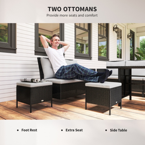 Ensemble de patio de 6 pièces en osier de patio/ensemble de meubles de jardin en rotin avec coussins, table de salle à manger et poufs, blanc