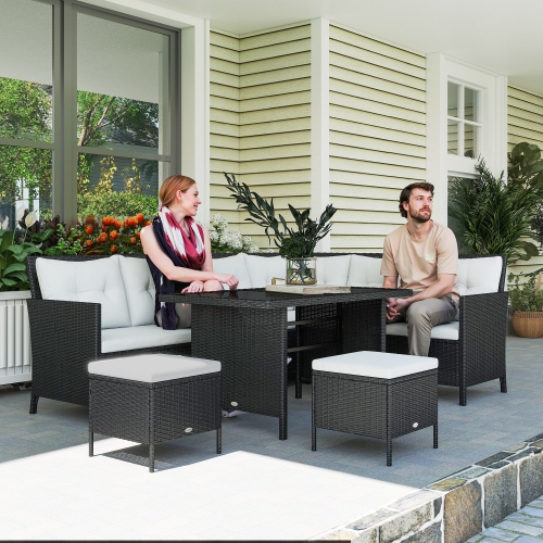 Ensemble de patio de 6 pièces en osier de patio/ensemble de meubles de jardin en rotin avec coussins, table de salle à manger et poufs, blanc