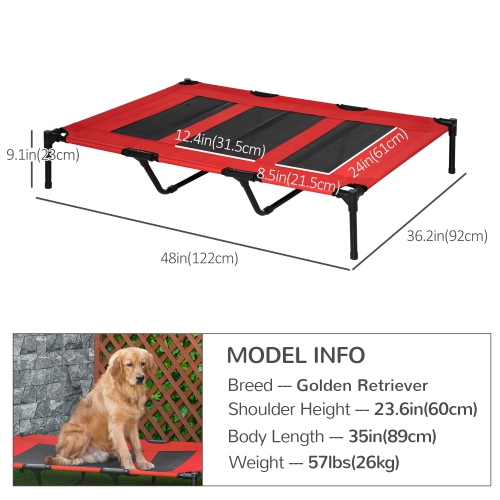 PawHut Elevated Dog Bed, Raised Dog Cot for XL Sized Dogs, Indoor & Outdoor, 48" x 36" x 9", Red