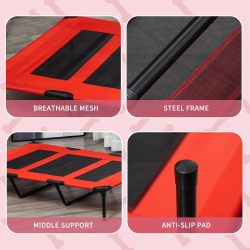 PawHut Elevated Dog Bed, Raised Dog Cot for XL Sized Dogs, Indoor & Outdoor, 48" x 36" x 9", Red