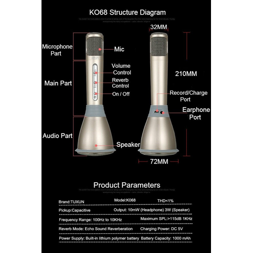 100% Genuine Tuxun K068 Portable Karaoke Wireless Bluetooth Microphone Speaker - Rose