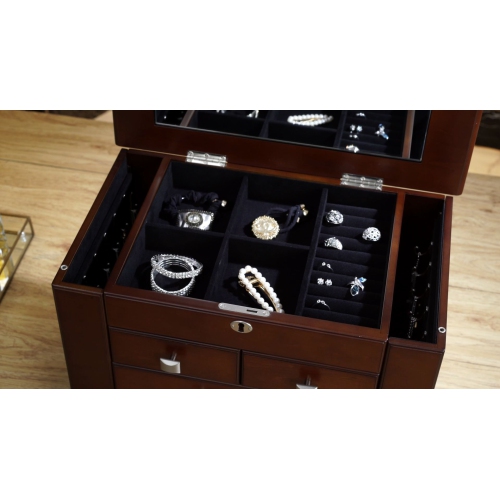 Grande boîte de rangement pour coffre à bijoux moderne au fini en bois espresso foncé d’Arolly