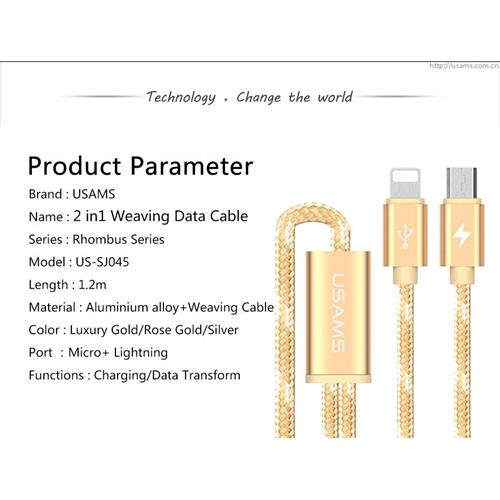 USAMS U-Knit Series Lightning & Micro USB 2in1 Braided Cable - Silver Colour