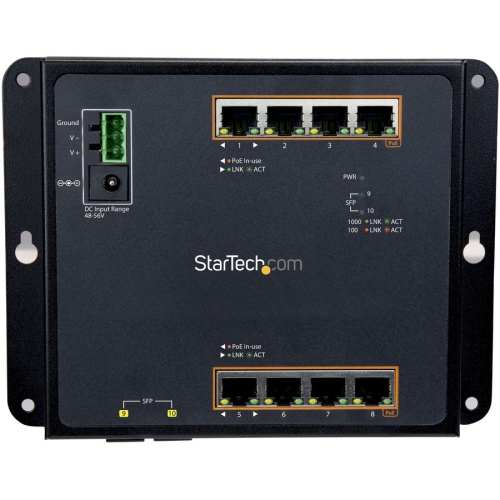 StarTech Gigabit Ethernet Switch - 8 Port PoE+ plus 2 SFP Ports - Industrial - Gigabit Switch - Managed Switch