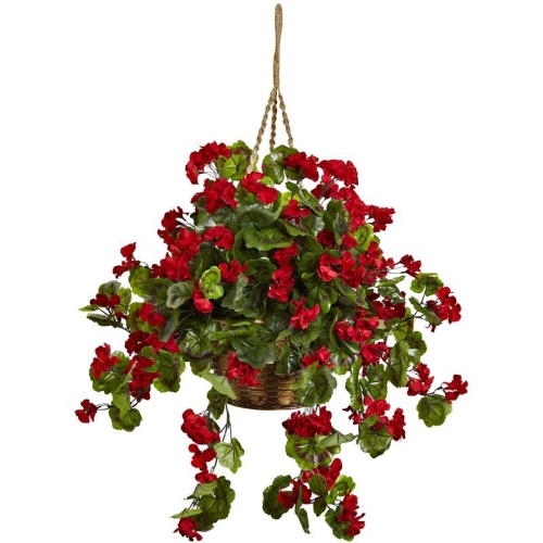 Nearly Natural 6857-RD Geranium Hanging Basket UV Resistant Indoor & Outdoor - Red