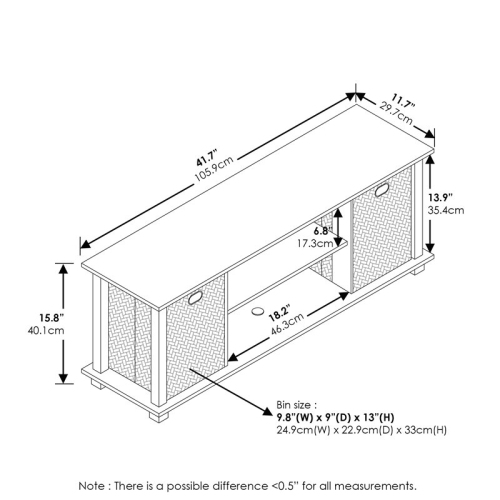 Meuble de divertissement avec bacs de rangement Furinno Econ, noir, 15,8 x 41,7 x 11,7 po.