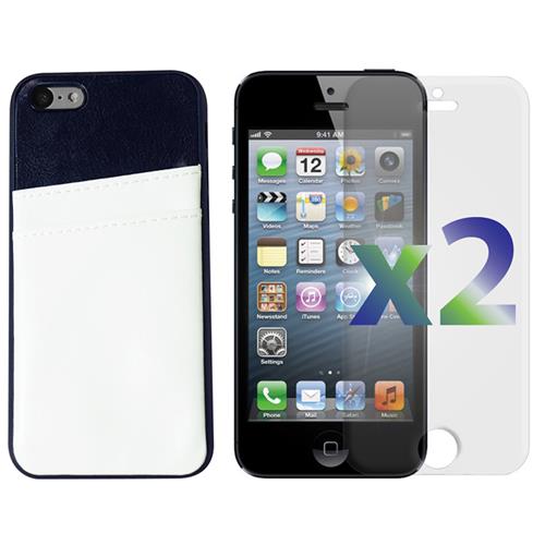 Exian iPhone 5/5s/SE Screen Protectors X 2 and TPU Case PU Leather Wrapped with 2 Card Slots White/Black