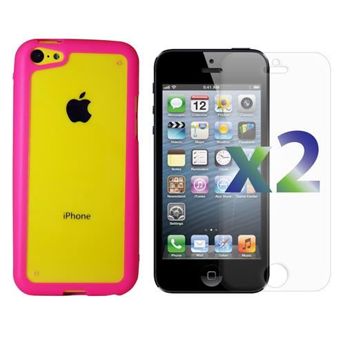 Exian iPhone 5c Screen Protectors X 2 and TPU Case with Hard Plastic Transparent Backcover Pink