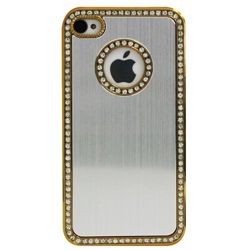 Exian iPhone 4/4S Hard Plastic Case Brushed Metallic and Rhine Stones Silver