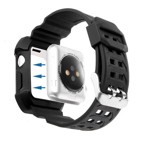 StrapsCo TPU Black Rubber Strap Band with Built in Protective Case for 38mm Apple Watch with White Trim