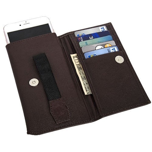 NAVOR  Genuine Sheep Leather Men's Phone Cash Receipt Holder Wallet Case - In Dark Brown