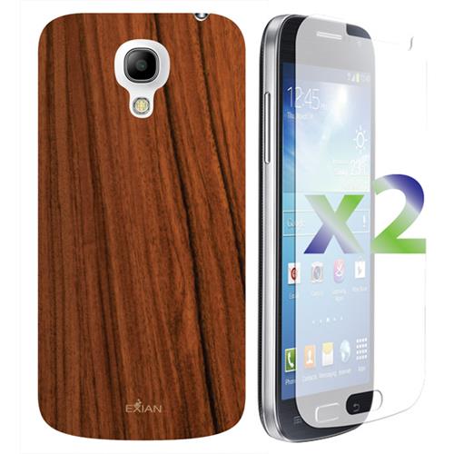 Protecteur d'écran d'Exian pour Galaxy S4 Mini X 2 de Samsung avec étui en TPUR d'Exian, motif de bois brun