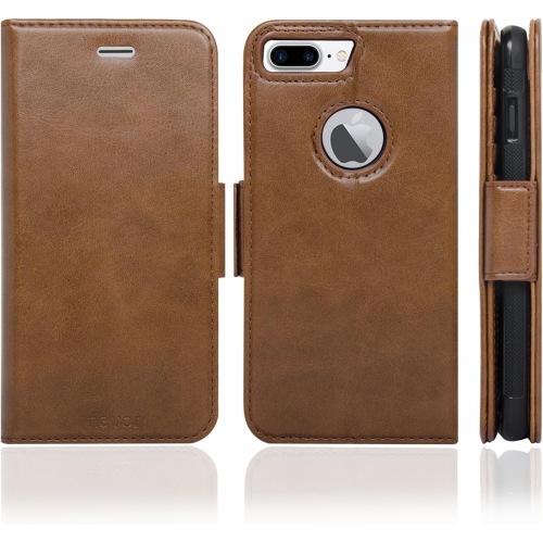 navor Detachable Magnetic Wallet Case RFID Protection, Logo Hole, Compatible for iPhone 7 Plus [Vajio Series]-Brown