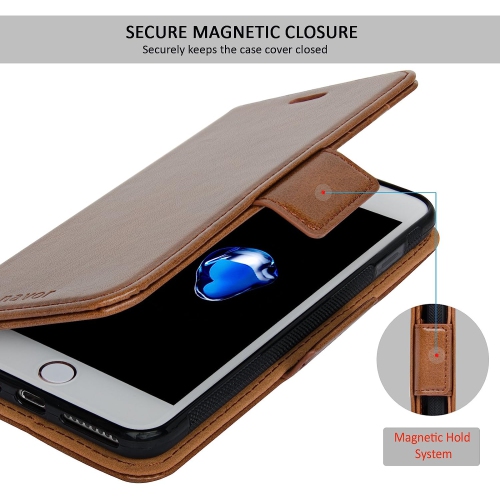 navor Detachable Magnetic Wallet Case RFID Protection, Logo Hole, Compatible for iPhone 7 Plus [Vajio Series]-Brown