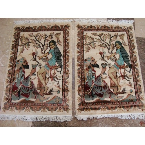 AHMEDANI  Wow King Umre Khayam Love Exclusive Designed Hand Knotted Wool Silk Carpet Pair 3.0' X 2.1' Area Rug - Multi-Colour