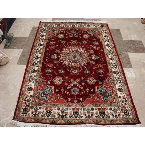 Ahmedani Mid Night Red Love Flowers Exclusive Hand Knotted Wool Silk Carpet 6.1' x 4.1' Area Rug - Multi-Colour