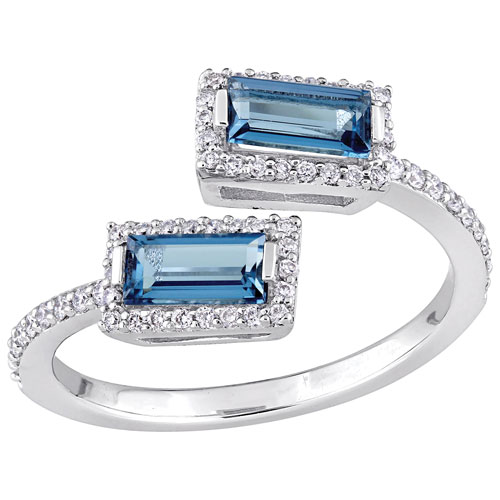 Baguette Halo Ring in 14k White Gold with Blue Topaz Gemstones & 0.24ctw White Diamonds - Size 8