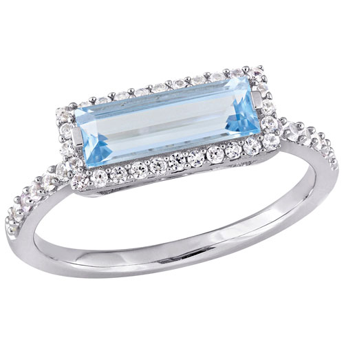 Baguette Halo Ring in Sterling Silver with Sky Blue Princess Topaz & White Sapphire - Size 6
