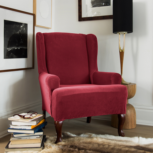 Surefit 1 Piece Stretch Velvet Wing Chair Slipcover In Crimson Best Canada 1 Piece Stretch Velvet Wing Chair, Velvet Wing Chair Slipcover