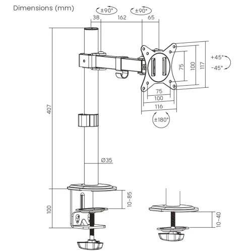 AnthroDesk Single Monitor Arm Mount with Fully Adjustable Tilt / Swivel / Rotate Ability for Screens up to 27"