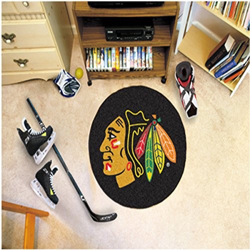 Fanmats NHL Chicago Hawks Puck Non-Skid 27" Diameter Round Rug Mat Floor Protector - Black