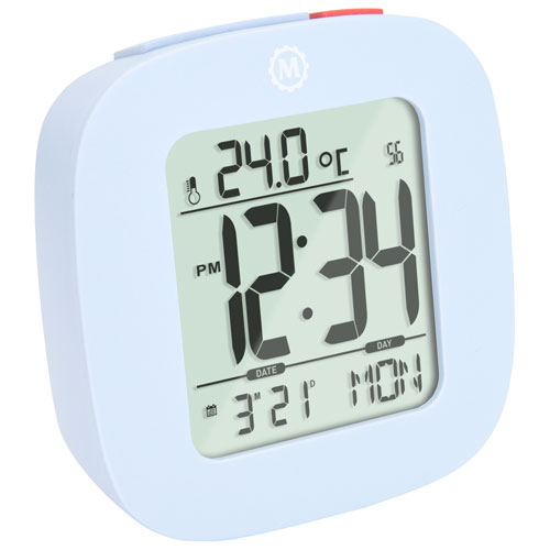 Réveille-matin numérique rond compact avec affichage de température et date de Marathon - Bleu
