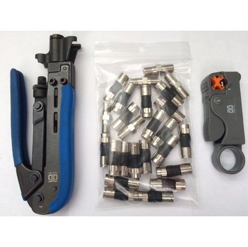 Premium Compression Tool Kit - Compression Tool, Cable Stripper, RG6 Connectors and F81 Coaxial Joiners