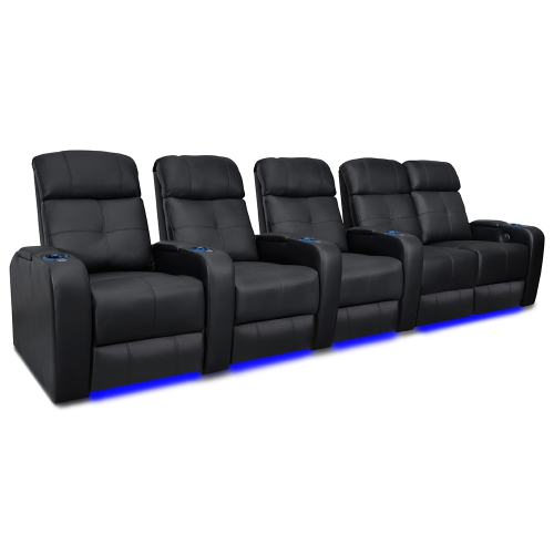 VALENCIA SEATING Verona Home Theater Seating | Premium Top Grain Italian 9000 Leather, Power Recliner, Led Lighting (Row Of 5 Loveseat Right, Black)