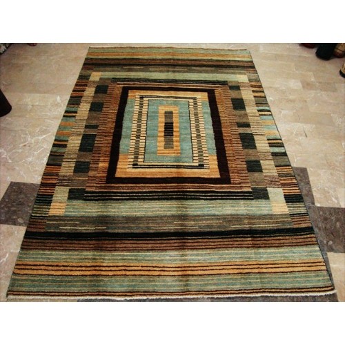 Ahmedani Modern Afghan Gabbeh Mahal Vegetable Dyed Wool Carpet Hand Knotted 7.11' x 5.0' Area Rug - Multi-Colour