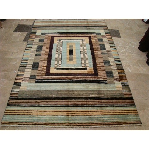 Ahmedani Modern Afghan Gabbeh Mahal Vegetable Dyed Wool Carpet Hand Knotted 7.11' x 5.0' Area Rug - Multi-Colour