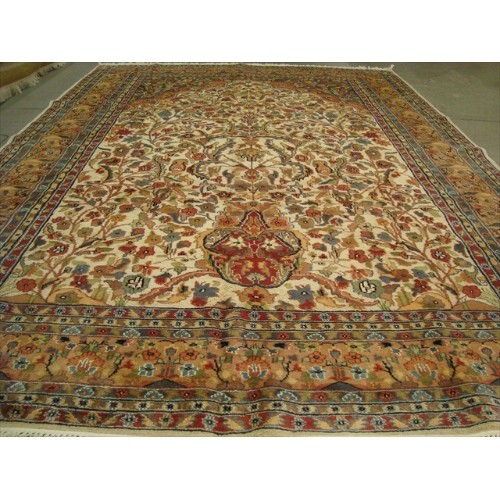 Ahmedani Tree of Life Peace Birds Harmony Wool Silk Hand Knotted Carpet 11.2' x 8.0' Area Rug - Ivory