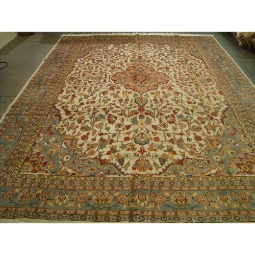 AHMEDANI  Pestal Flower All Over Kashan Beautiful Area Rug Hand Knotted Wool Silk Carpet (12.1 X 9.2)' In Ivory