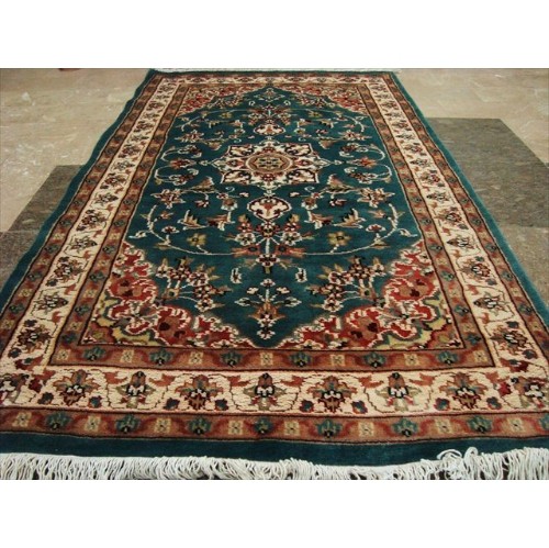 AHMEDANI  Floral Touch Medallion Hand Knotted Wool Silk Carpet 2.11' X 5.2' Area Rug - Grey/ In Ivory