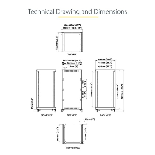 StarTech 25U Adjustable Depth Open Frame 4-Post Server Rack w/ Casters