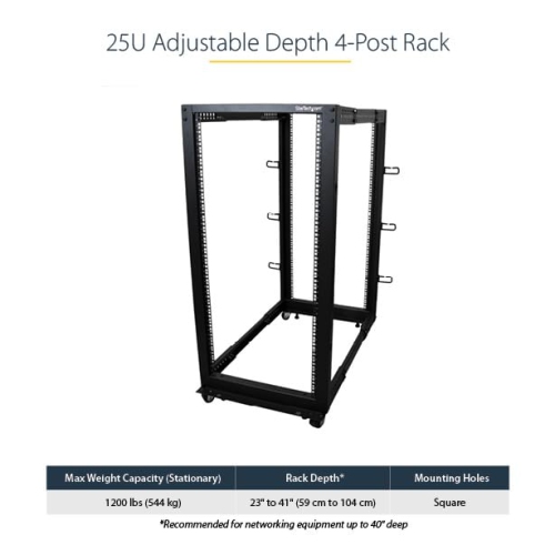 StarTech 25U Adjustable Depth Open Frame 4-Post Server Rack w/ Casters