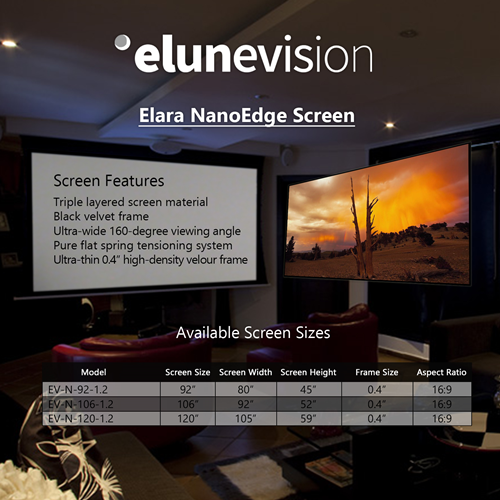 EluneVision NanoEdge 92” 1.2-16:9 Fixed-Frame Projector Screen