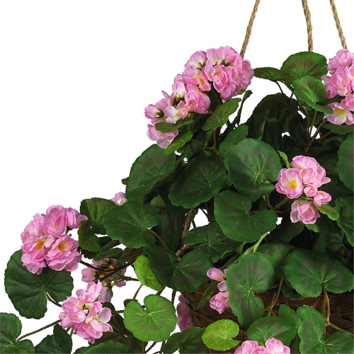 Nearly Natural Geranium Hanging Basket Silk Plant in Pink/Brown