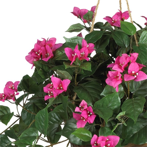 Nearly Natural Bougainvillea Hanging Basket Silk Plant in Pink/Brown