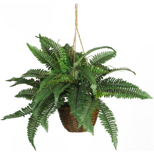 Nearly Natural Boston Fern Silk with Decorative Hanging Basket in Green/Brown