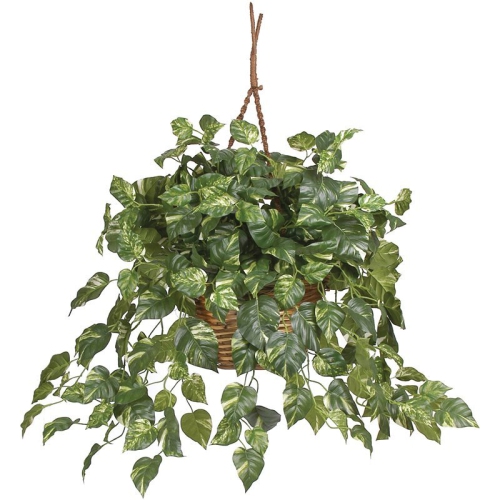 Nearly Natural Pothos Hanging Basket Silk Plant in Green/Brown