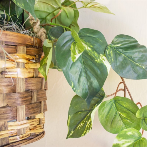 Nearly Natural Pothos Hanging Basket Silk Plant in Green/Brown